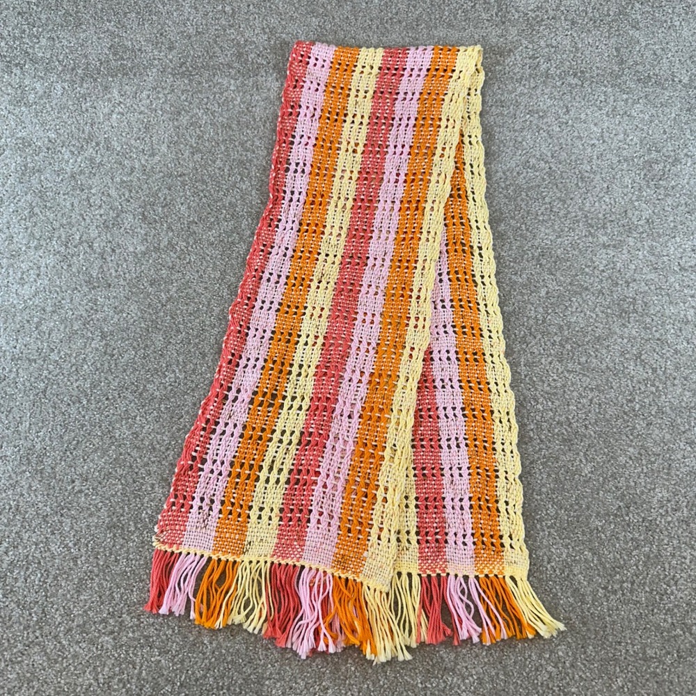 Handmade Crochet Knit Striped Scarf Pink Orange Yellow Fringe Mesh Boho Wrap